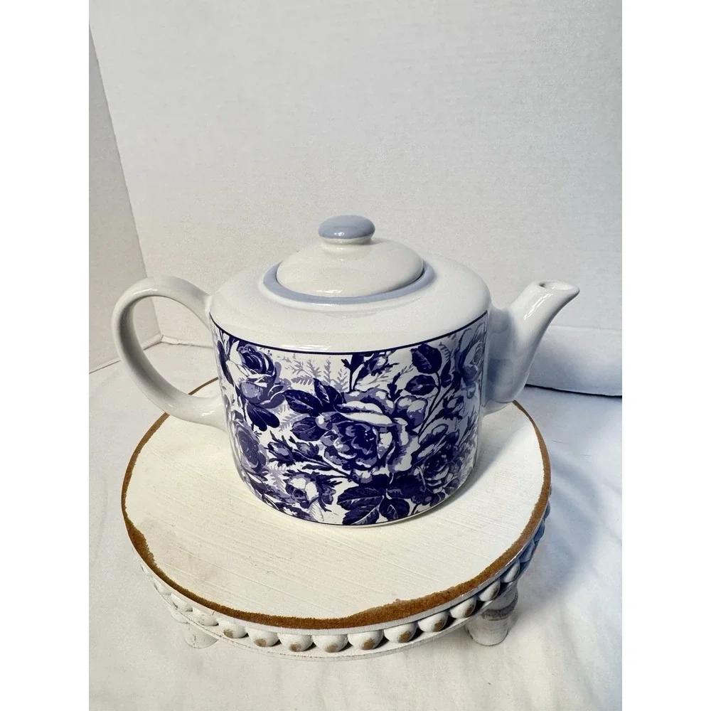 Vtg New Condition Stoneware White Blue Floral Teapot ‎ Made in Thailand  6